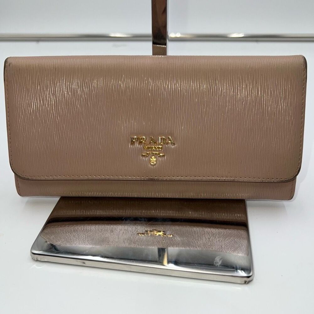 Prada Tan Saffiano Leather Long Flap Wallet Gold Logo